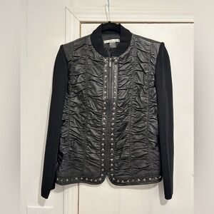Peter Nygard Black Ruffled Studded Leather & Knit Jacket Size Large